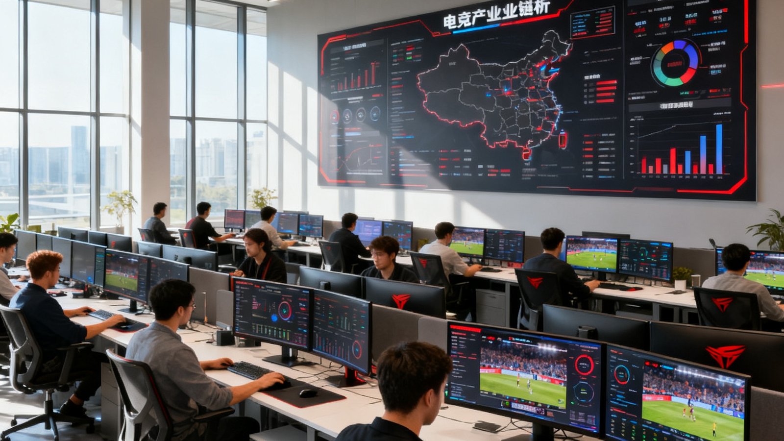 K1电竞研究院开放式办公区，32名分析师在现代化办公室中专注工作，墙面上悬挂着巨幅电竞产业链全景分析图，桌面上多台显示器同时展示着实时数据仪表盘和赛事直播画面，阳光透过落地窗洒进宽敞的空间