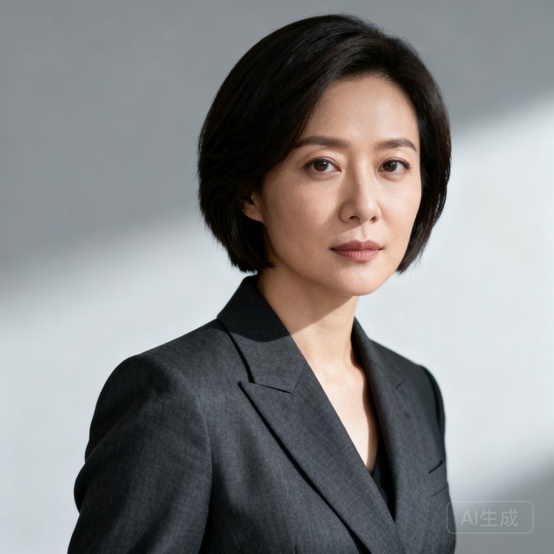 一位三十出头、留着干练短发的女性职场肖像，她穿着剪裁考究的深灰色西装外套，眼神专注而敏锐，作为前腾讯电竞战略分析师，她的气质中融合了互联网行业的速度感和战略咨询的严谨性