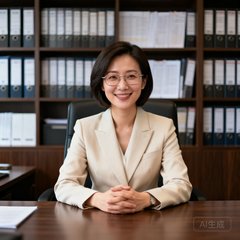 一位戴着细框眼镜、穿着米色职业西装、留着干练短发的女性投资分析师肖像，她坐在办公桌前双手交叠，面带专业而亲切的微笑，身后是摆满文件夹的书架