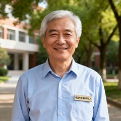 一位五十岁左右、穿着浅蓝色衬衫、头发花白的男性大学教授肖像，他站在校园绿树背景下，面带温和而睿智的微笑，胸前的名牌显示其为电竞专业学科带头人